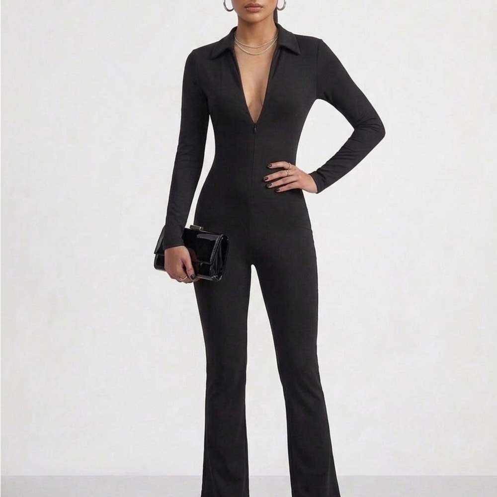 Women's Black Long-Sleeve Collared Jumpsuit